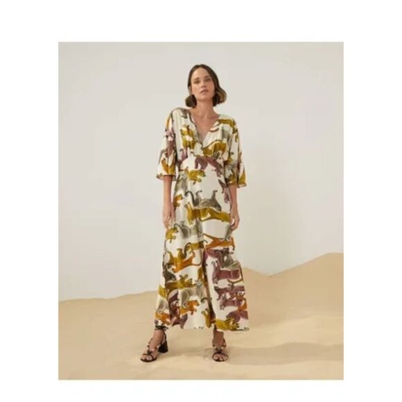 cortelle Puma Print Linen Midi Dress Dolman Sleeve Lions Panther Cat Print XS - Picture 1 of 10